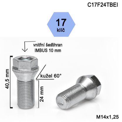 Kolový šroub M14x1,25x24 kužel s krátkou hlavou, klíč 17 (C17F24TBEI) výška 40,5mm