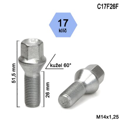 Kolový šroub M14x1,25x26 kužel, klíč 17 (C17F26F)(NBN/S) výška 51,5mm