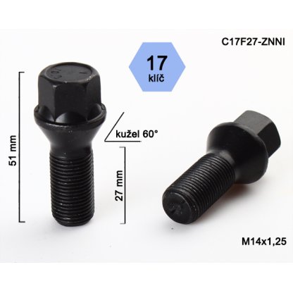 Kolový šroub M14x1,25x27 kužel, klíč 17 (C17F27-BLACK) černý, výška 51mm