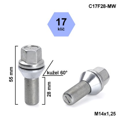 Kolový šroub M14x1,25x28 kužel pohyblivý, klíč 17 (C17F28-MW) výška 55mm