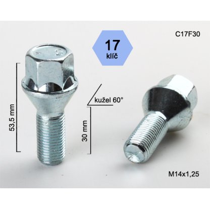 Kolový šroub M14x1,25x30 kužel, klíč 17 (C17F30) výška 53,5mm