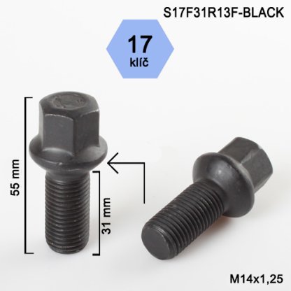 Kolový šroub M14x1,25x31 kulová R13, klíč 17 (S17F31R13F-BLACK), černý, výška 55mm