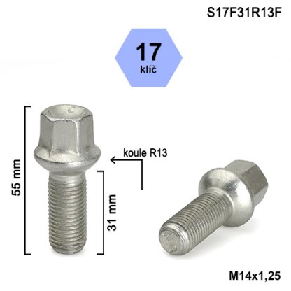 Kolový šroub M14x1,25x31 kulová R13, klíč 17 (S17F31R13F)(ZK1/S) výška 55mm