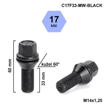 Kolový šroub M14x1,25x33 kužel pohyblivý černý, klíč 17 (C17F33-MW-BLACK) výška 60mm