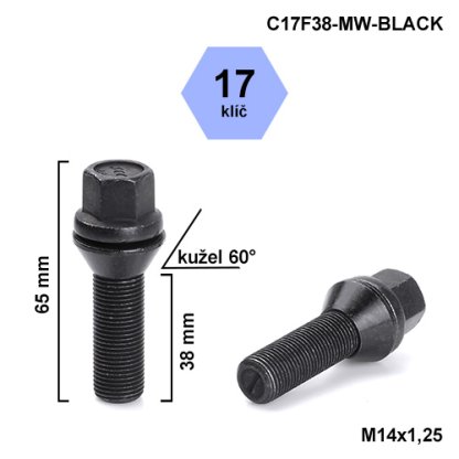 Kolový šroub M14x1,25x38 kužel pohyblivý černý, klíč 17 (C17F38-MW-BLACK) výška 65mm