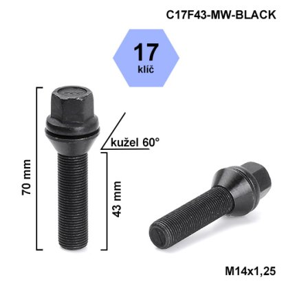 Kolový šroub M14x1,25x43 kužel pohyblivý černý, klíč 17 (C17F43-MW-BLACK) výška 70mm