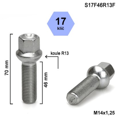 Kolový šroub M14x1,25x46 kulová R13, klíč 17 (S17F46R13F) výška 70mm