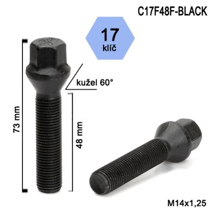 Kolový šroub M14x1,25x48 kužel, klíč 17 (C17F48F-BLACK) černý, výška 73mm