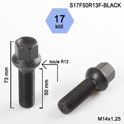 Kolový šroub M14x1,25x50 kulová R13, klíč 17 (S17F50R13F-BLACK) černý, výška 73mm