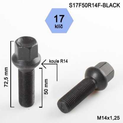 Kolový šroub M14x1,25x50 kulová R14, klíč 17 (S17F50R14F-BLACK) černý, výška 72,5mm