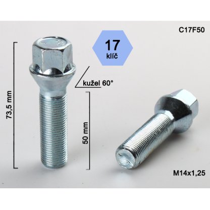 Kolový šroub M14x1,25x50 kužel, klíč 17 (C17F50) výška 73,5mm