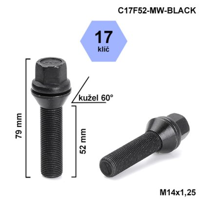 Kolový šroub M14x1,25x52 kužel pohyblivý černý, klíč 17 (C17F52-MW-BLACK) výška 79mm