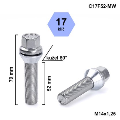 Kolový šroub M14x1,25x52 kužel pohyblivý, klíč 17 (C17F52-MW) výška 79mm