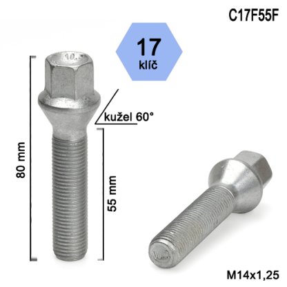 Kolový šroub M14x1,25x55 kužel, klíč 17 (C17F55F)(N7BN7/S) výška 80mm