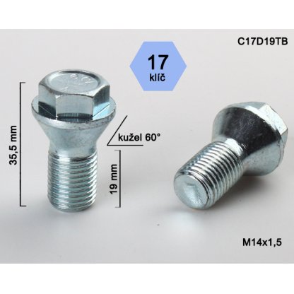 Kolový šroub M14x1,5x19 kužel s krátkou hlavou, klíč 17 (C17D19TB) výška 35,5mm