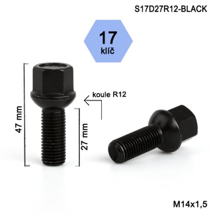 Kolový šroub M14x1,5x27 kulová R12, klíč 17 (S17D27R12-BLACK) černý, výška 47mm
