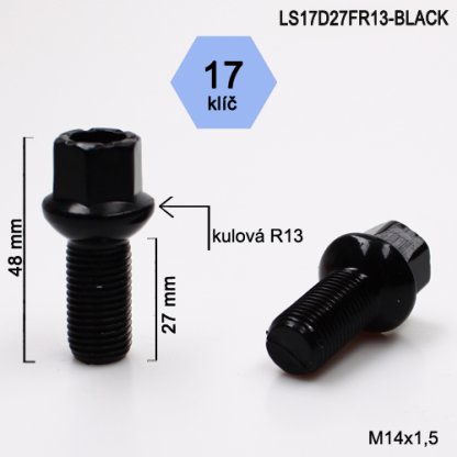 Kolový šroub M14x1,5x27 kulová R13, klíč 17 (LS17D27FR13-BLACK) černý, výška 48mm