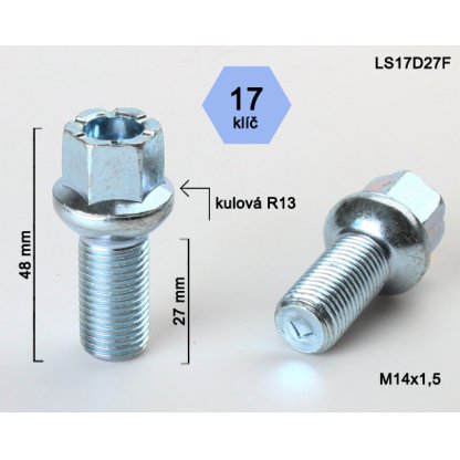 Kolový šroub M14x1,5x27 kulová R13, klíč 17 (LS17D27FR13) výška 48mm