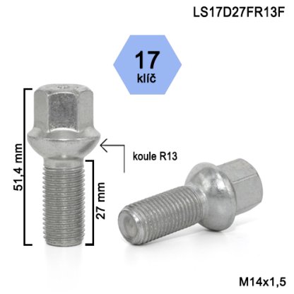 Kolový šroub M14x1,5x27 kulová R13, klíč 17 (LS17D27FR13F)(ZAB54/S) výška 51,4 mm