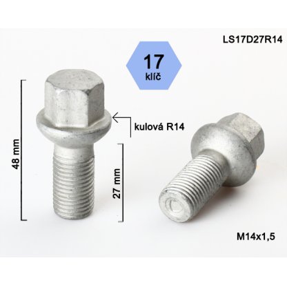 Kolový šroub M14x1,5x27 kulová R14, klíč 17 (LS17D27R14) výška 48mm