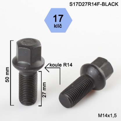 Kolový šroub M14x1,5x27 kulová R14, klíč 17 (S17D27R14F-BLACK)(SZAMC/S BLK) výška 50mm