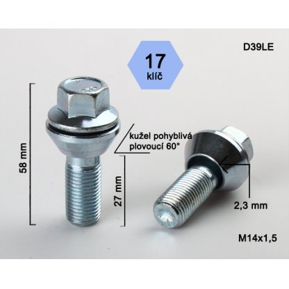 Kolový šroub M14x1,5x27 kužel plovoucí pro změnu rozteče, klíč 17 (D39LE) výška 58mm