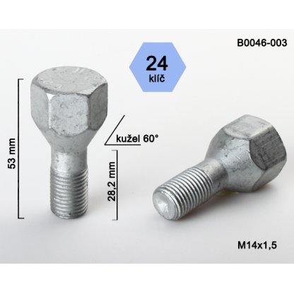 Kolový šroub M14x1,5x28,2 kužel, klíč 24 (B0046-003) výška 53 mm