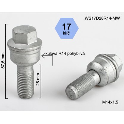 Kolový šroub M14x1,5x28 kulová R14 pohyblivá, klíč 17 (WS17D28R14-MW) výška 57,5mm