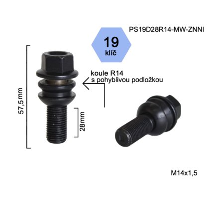 Kolový šroub M14x1,5x28 kulová R14 pohyblivá, klíč 19 (PS19D28R14-MW-BLACK) výška 57,5mm