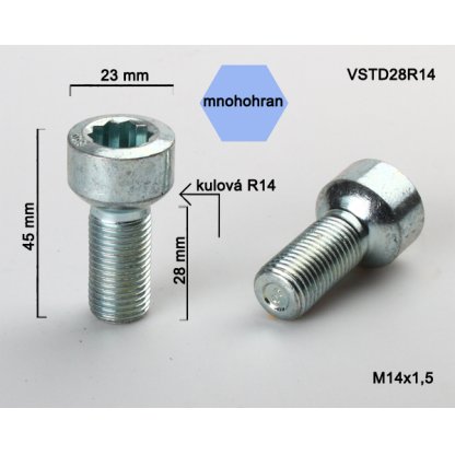 Kolový šroub M14x1,5x28 kulová R14 s vnitřním mnohohranem (VSTD28R14) průměr 23, výška 45
