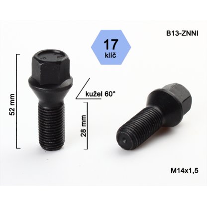 Kolový šroub M14x1,5x28 kužel, klíč 17 (C17D28/B13-BLACK) černý, výška 52mm