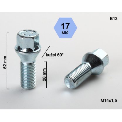 Kolový šroub M14x1,5x28 kužel, klíč 17 (C17D28/B13) výška 52mm