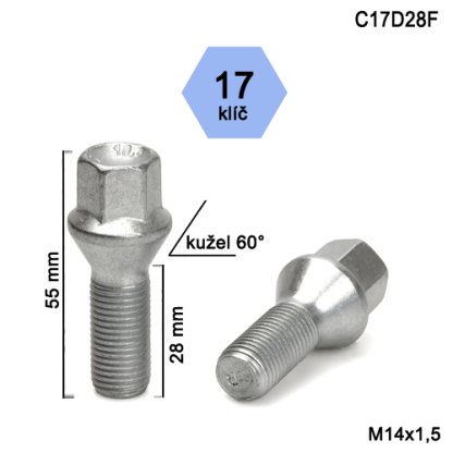 Kolový šroub M14x1,5x28 kužel, klíč 17 (C17D28F)(C2C/S) výška 55mm