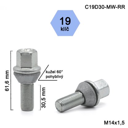 Kolový šroub M14x1,5x30,5 kužel, klíč 19 (C19D30-MW-RR) výška 61,6mm