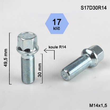 Kolový šroub M14x1,5x30 kulová R14, klíč 17 (S17D30R14) výška 49,5mm