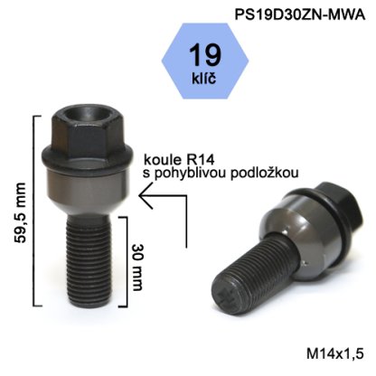 Kolový šroub M14x1,5x30 kulová R14 pohyblivá,klíč 19(PS19D30-MWA-BLACK) černý,výška 59,5mm