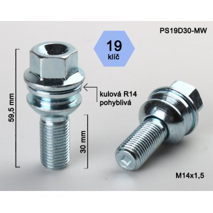 Kolový šroub M14x1,5x30 kulová R14 pohyblivá, klíč 19 (PS19D30R14-MW) výška 59,5mm