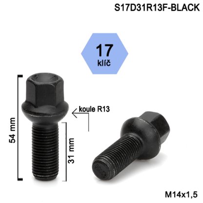 Kolový šroub M14x1,5x31 kulová R13, klíč 17 (S17D31R13F-BLACK) černý, výška 54mm