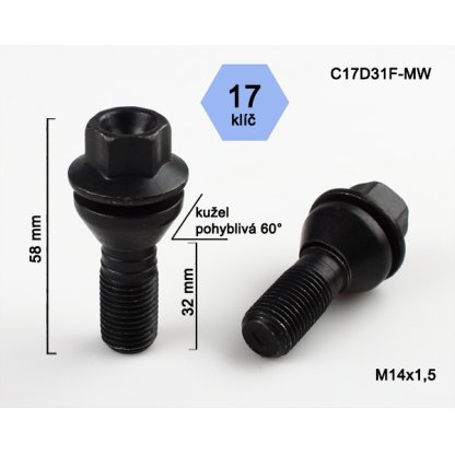 Kolový šroub M14x1,5x31 kužel pohyblivý, klíč 17 (C17D31-MW-BLACK) černý, výška 58 mm