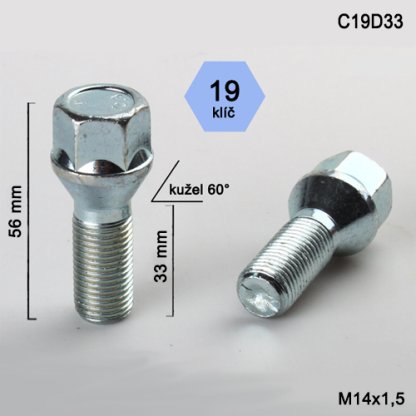 Kolový šroub M14x1,5x33 kužel, klíč 19 (C19D33) výška 56mm