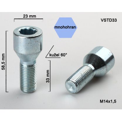 Kolový šroub M14x1,5x33 kužel s vnitřním mnohohranem (VSTD33) průměr 23mm, výška 58,5mm