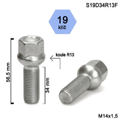 Kolový šroub M14x1,5x34 kulová R13, klíč 19 (S19D34R13F) výška 56,5mm