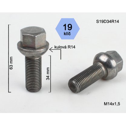 Kolový šroub M14x1,5x34 kulová R14, klíč 19 (S19D34R14) výška 63mm