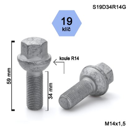 Kolový šroub M14x1,5x34 kulová R14, klíč 19 (S19D34R14G) výška 59mm