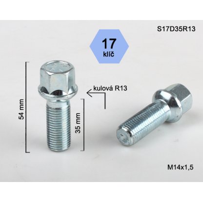 Kolový šroub M14x1,5x35 kulová R13, klíč 17 (S17D35R13) výška 54mm