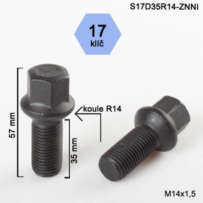 Kolový šroub M14x1,5x35 kulová R14, klíč 17 (S17D35R14F-BLACK) černý, výška 57mm