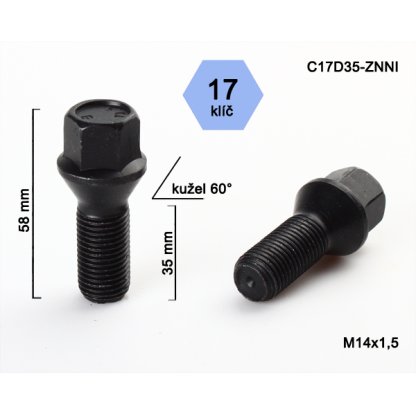 Kolový šroub M14x1,5x35 kužel, klíč 17 (C17D35-BLACK) černý, výška 58mm
