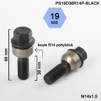Kolový šroub M14x1,5x36 kulová R14 pohyblivá,klíč 19 (PS19D36R14P-BLACK) černý, výška 66mm