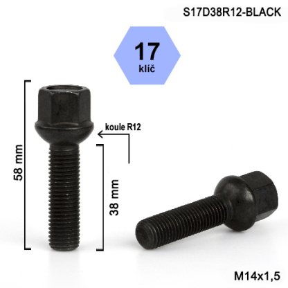 Kolový šroub M14x1,5x38 kulová R12, klíč 17 (S17D38R12-BLACK) černý, výška 58mm