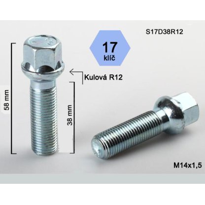 Kolový šroub M14x1,5x38 kulová R12, klíč 17 (S17D38R12) výška 58mm